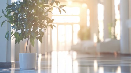 Indoor tranquility featuring a potted plant in a sunlit hallway creating a serene atmosphere with bright light and a modern aesthetic for a peaceful and inviting ambiance