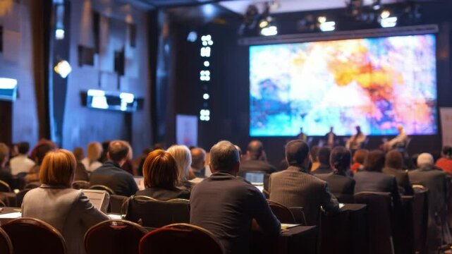 Conference Audience Attentively Listens: A captivated audience engrossed in a presentation, sitting rows in a brightly lit auditorium.