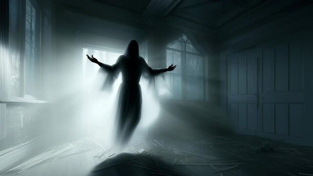 Translucent silhouette materializes through doorway, arms outstretched, surrounded by misty atmosphere and broken floor fragments.