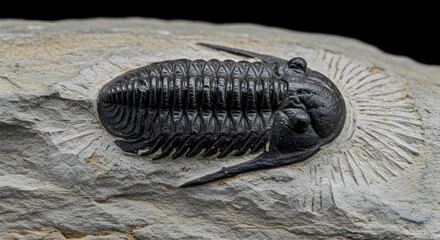 Shiny Black Fossilized Trilobite Imprint Preserved in Stone on Light Background Under Bright Lighting