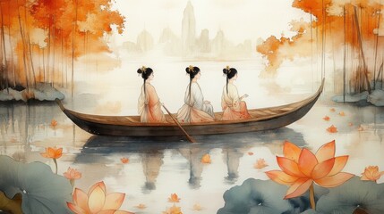 Obraz premium Three women in a boat on a lotus pond