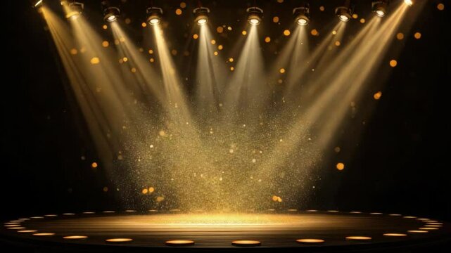 Golden Spotlight: A captivating visual narrative unfolds under a cascade of golden spotlights, casting a warm, inviting glow onto the stage.