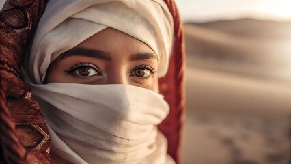 Stunning close-up portrait of a woman wearing a traditional white hijab and face veil, revealing only her expressive brown eyes. Serene golden desert sand dunes at sunset at the background