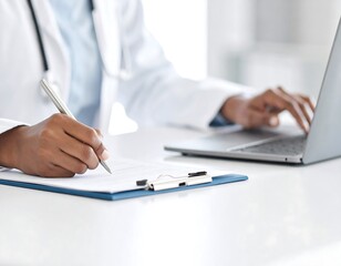 Doctor Filling Out Medical Form While Typing on Laptop

