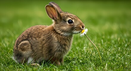 Obraz premium Rabbit Sniffs Daisy Flower in Green Grass Field