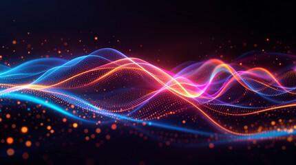 Abstract Digital Wave: A vibrant and dynamic abstract digital art piece showcasing undulating waves of light with colorful, glowing particles against a dark background, evoking energy, movement.