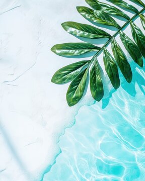 Tropical leaf and water ripple on white background capturing serene summer vibe with bright light and shadow creating a refreshing and inviting atmosphere for relaxation