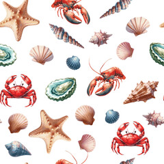 Vector seamless pattern wit realistic watercollor cods, slamons and tunas fishes