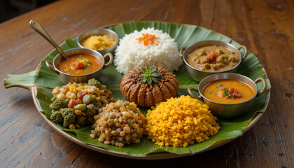 Wooden table with a plated meal ready to eat