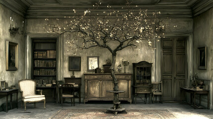Abandoned Mansion Interior  Decaying Tree, Antique Furniture, Dusty Room.  Ideal for gothic, mystery, or historical settings