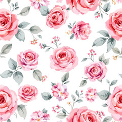 Floral seamless pattern, watercolor flowers pink rose
