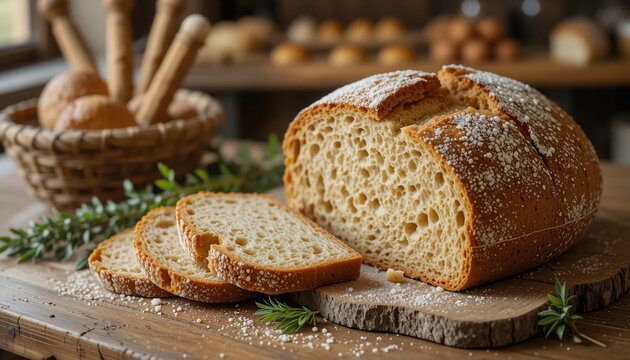 Loaf of bread on a cutting board in kitchen