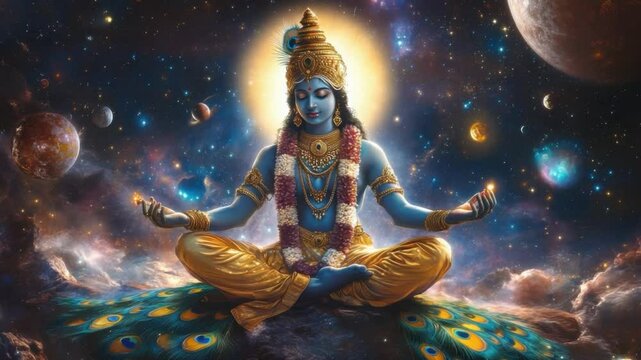 Cosmic Meditation: A captivating illustration of Lord Krishna, the Hindu deity, seated in a meditative posture amidst the celestial cosmos. His radiant aura illuminates the vast expanse of space.