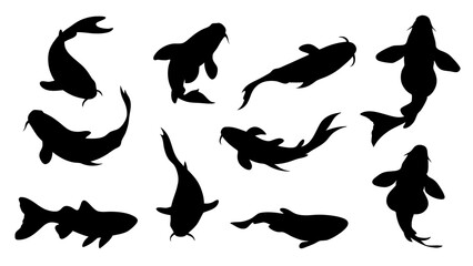 set of koi fish silhouette vector on tranparent background
