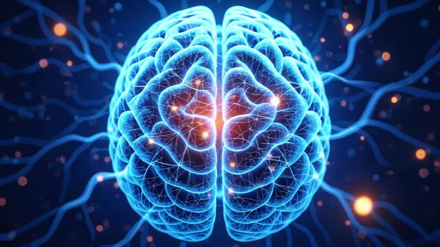 Realistic 3D animation of human brain with glowing neural network, data connections, and electric signals. Perfect for AI, medical, and scientific presentations.

