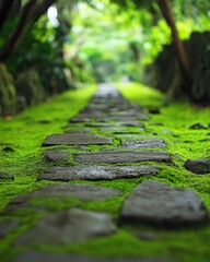 Serene pathway through lush greenery moss covered stone steps leading into a tranquil forest creating a peaceful and inviting atmosphere for nature lovers