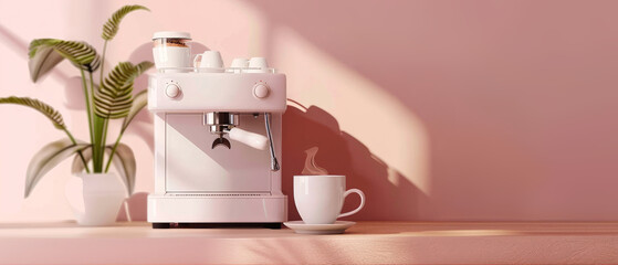 Pink coffee machine brewing espresso into a cup, set against a soft pink backdrop. Minimal cozy kitchen mockup.