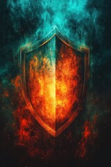 Fototapeta premium Fiery shield emblem with vibrant teal and orange hues abstract digital art for protection and security concept with dramatic lighting and texture
