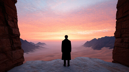 Fototapeta premium A lone figure in a black coat stands on a cliff, gazing at a serene desert landscape at sunset.