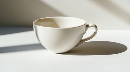 Fototapeta premium Elegant white cup casting soft shadow on minimalist table