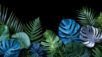 Botanical Garden Paradise Tropical Foliage Lush Green and Silver Leaves on Black Background Design