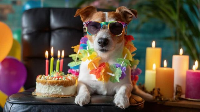 Dog's Birthday Bash: A charming dog in sunglasses and a floral lei enjoys its birthday cake and candles, creating a delightful and festive scene.