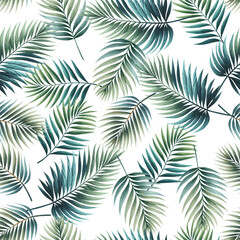 Vector seamless pattern wit realistic watercollor painted tropical palm trees on white