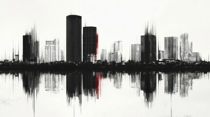 Fototapeta premium Cityscape Poster in Risograph & Glitch Style Monochrome Colors: Urban Aesthetic Art for Design and Printing Projects