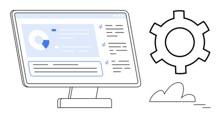 Computer screen displaying data analytics, charts, and tasks with a gear portraying configuration. Ideal for technology, data management, analytics, workflows, processes, optimization simple landing