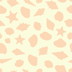 Beautiful pattern with watercolor painted sea shells, snails and starfish on white background