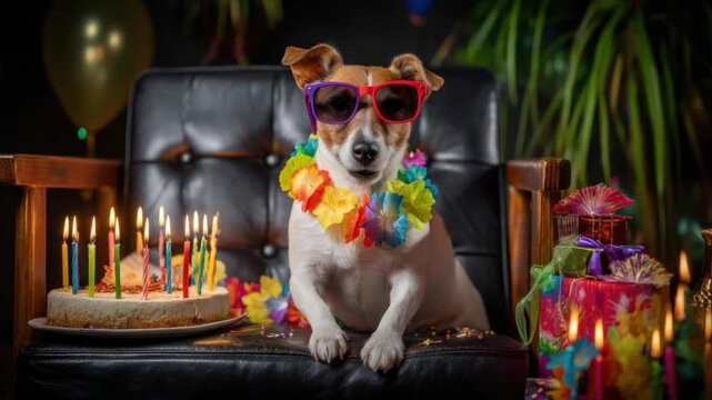 Party Pup's Birthday Bash: A joyous canine, adorned with vibrant leis and groovy sunglasses, sits regally amidst birthday cakes, celebrating a special day with whimsical flair.