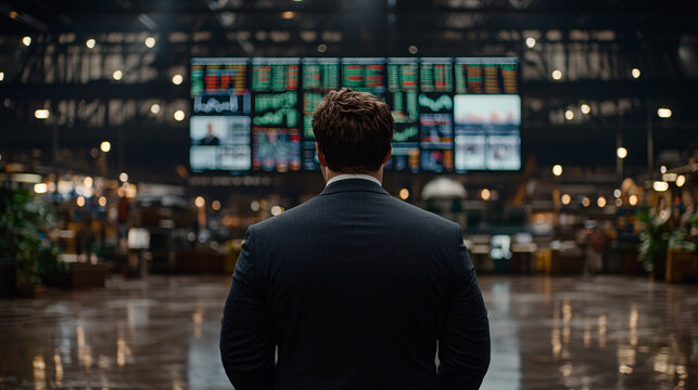 Businessman Examining Stock Market Data on Large Screens at Central Station for Strategic Investment