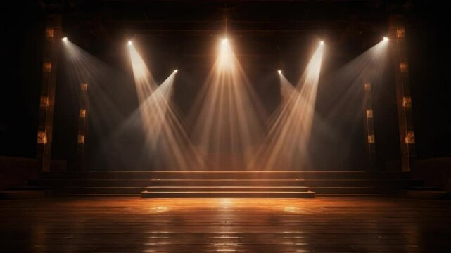 Spotlight Stage: A captivating stage bathed in warm, dramatic lighting, creating an inviting atmosphere perfect for performances, presentations, and grand events. 