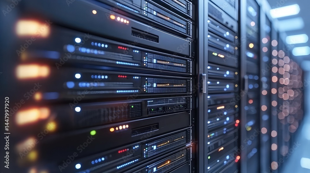 Poster Close-up view of glowing server equipment and data storage racks in a high-performance tech environment, ideal for hosting and IT backgrounds