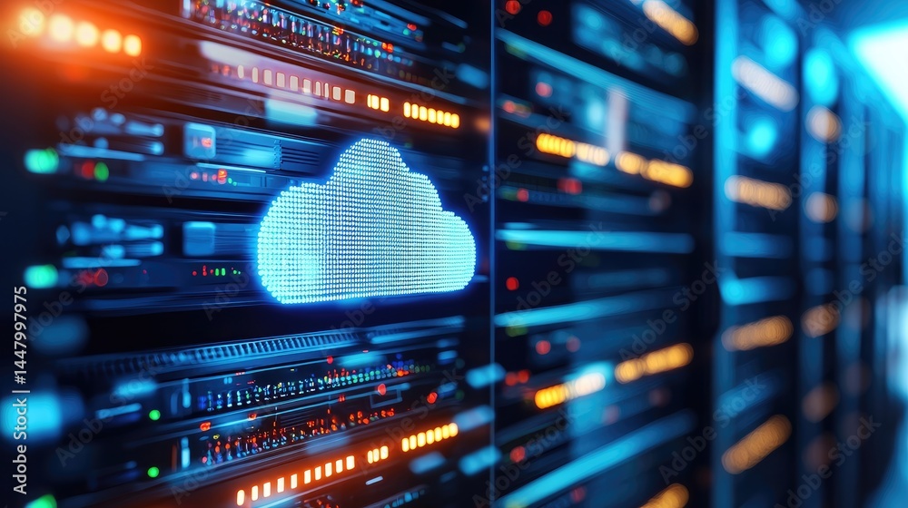 Aufkleber Cloud technology concept with glowing cloud icon on server equipment, perfect for cloud computing, data backup, and IT service platforms