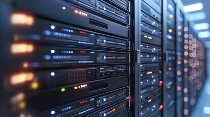 Close-up view of glowing server equipment and data storage racks in a high-performance tech environment, ideal for hosting and IT backgrounds