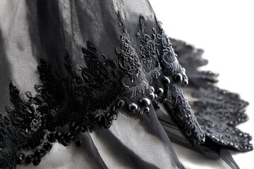 Detailed Black Lace Fabric with Pearls Trim Close Up View