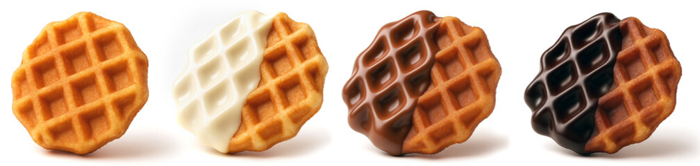 Four waffles with half dipped in white, milk, and dark chocolate, showing variations in chocolate coating.