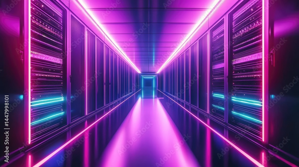 Poster illuminated hallway of neon-lit server racks with glowing tech ambiance, ideal for modern cloud syst
