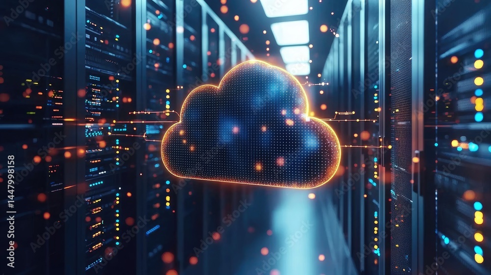 Poster Cloud storage visualization with glowing orange data cloud and network lines in server room, perfect for AI, data flow, and digital innovation visuals