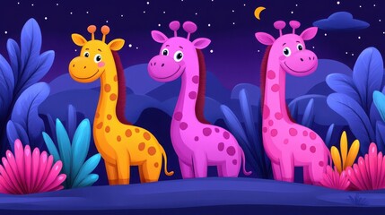 Colorful Cartoon Giraffes Under Starry Sky in Playful Setting