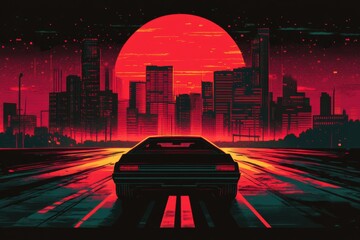 Retro car in 80s/90s style against night cityscape with sunset colors, scifi retro wave vintage illustration,transport concept