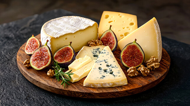 Assorted cheeses like brie, gouda, and blue cheese are arranged beautifully with figs and nuts.