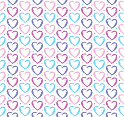 Charming seamless pattern featuring hand-drawn hearts in soft pastel pink purple and blue tones Perfect for Valentines designs kids products stationery and romantic themes.