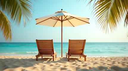 Fototapeta premium Serene tropical beach scene with wooden lounge chairs, white umbrella, golden sand, calm ocean, and palm fronds under a warm late afternoon sky.