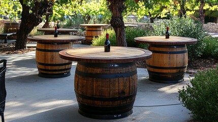 Barrels as tables in wine tasting room.