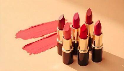 Obraz premium different red shades of lipsticks on beige