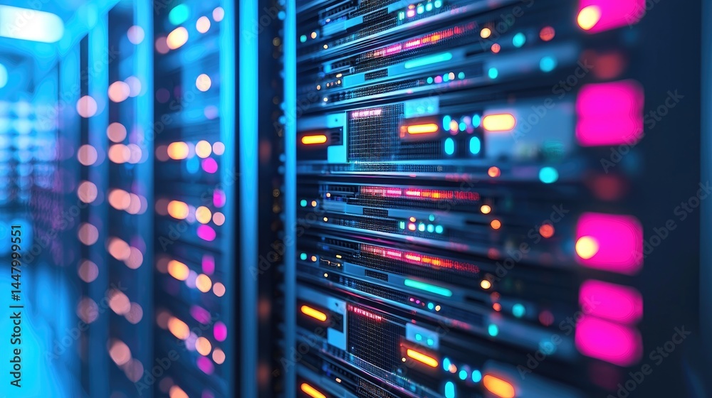 Aufkleber blurred server lights in vibrant tech corridor with glowing blue and pink panels, great for digital 