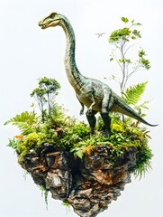 Fototapeta premium A detailed model of a long-necked dinosaur stands majestically on a lush, floating island habitat against a pristine white background.