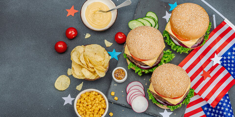 Homemade burgers. An American classic, traditional food for picnic or celebration Independence Day